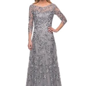 Silver Embroidered Sequin Floor Length Formal Dress Like New